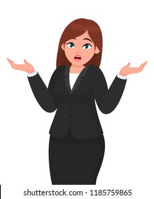 Oops! Sorry! I do not know.  Businesswoman shrugging shoulders spreading hands in do not know gesture.  Businesswoman concept illustration in vector cartoon style.