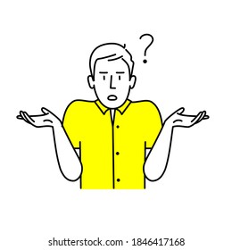 Oops. Sorry. I don't know. Man shrugs, shows helpless gesture. Vector illustration.