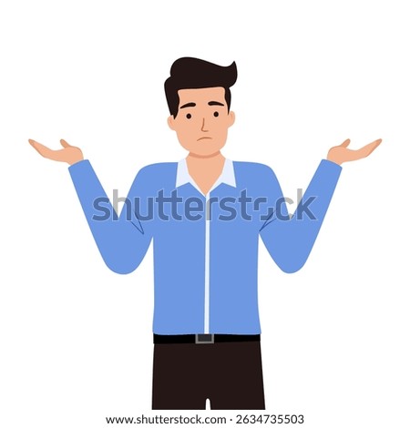 Oops. Sorry. I don't know. Portrait of confused young businessman shrugging shoulders, shows helpless question gesture, spread his hands, he does not know what to do, concept illustration in cartoon.