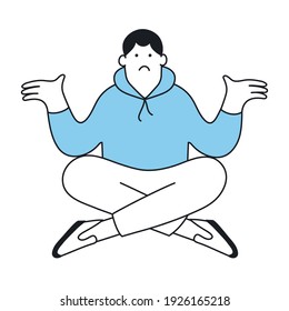 Oops, sorry, not a big deal. Portrait of cute cartoon character shrugging his shoulders and arms in surprise. 404 problem, surprise, lack of understanding concept. Thin line elegance vector style.