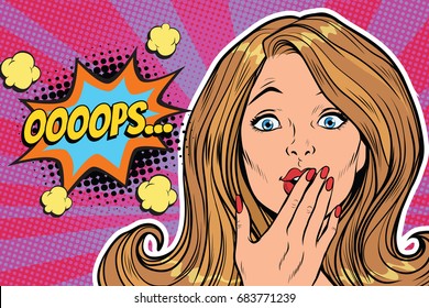 oops surprised pop art woman face. Pop art retro comic book vector illustration