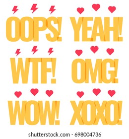 Oops! Yeah! Wtf! Omg! Wow! Xoxo! Set of vector illustrations on white background.