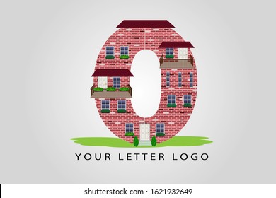 Oor 0 building letter vector illustration.  House letter with windows, balcony, doors, roof, bricks, chimneys and flowers for logo, label, cover, brochure, card, real estate agency or web page design.