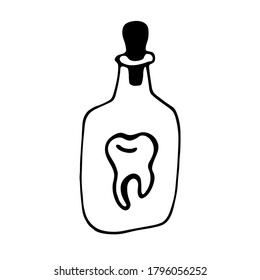 ooth in bottle, simple outline icon.drawn tooth in bottle on white background.elixir potion witch	