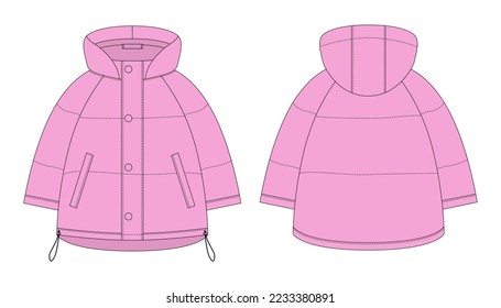 Ooversized raglan puffer winter down coat technical sketch. Pink color. Women's quilting jacket design template. Children's outerwear mock up. Front and back views. Vector CAD design illustration