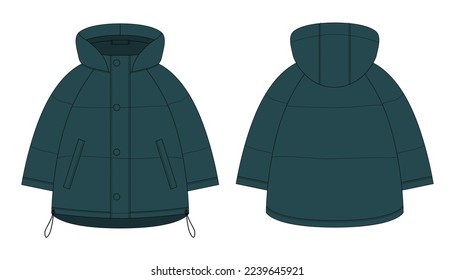 Boceto técnico de la chaqueta de invierno de la chaqueta de raglan sobredimensionado. Color verde oscuro. Plantilla de diseño de la chaqueta de tejido para mujeres. La ropa interior de los niños se burla. Vistas frontal y posterior.Ilustración de diseño de CAD