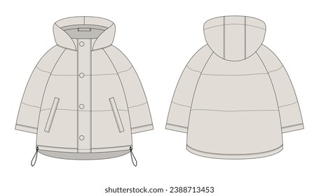 Ooversized raglan puffer winter down coat technical sketch. Light gray color. Women's quilting jacket design template. Children's outerwear mock up. Front and back views. Vector CAD design svg