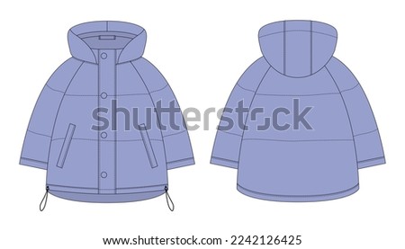 Ooversized raglan puffer winter down coat technical sketch. Cool blue color. Women's quilting jacket design template. Children's outerwear mock up. Front and back views. Vector CAD design illustration