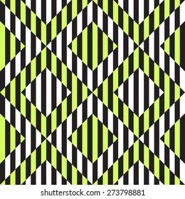 Op art. Abstract Black, White and light green Striped Vector Seamless Pattern with square. Optical illusions