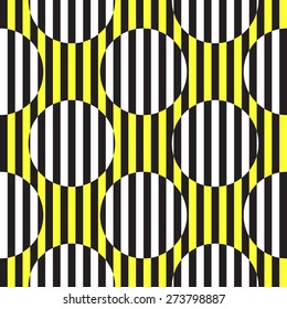 Op art. Abstract Black, White and Yellow Striped Vector Seamless Pattern with round. Optical illusions