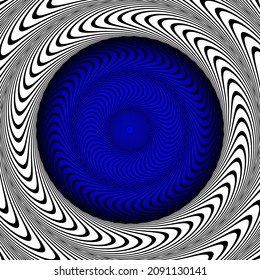 Op art circular frame pattern of white black and blue striped circles. Psychedelic background design.