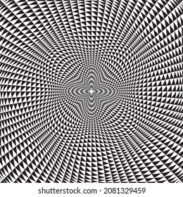 Op art circular pattern of many small black triangles. Sacral background design with a cross in the middle.