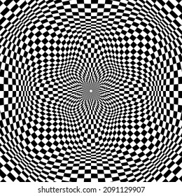 Op art circular pattern of many small black and white squares. Psychedelic checkered background design.