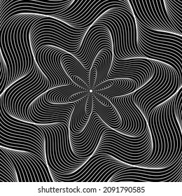 Op Art Rundmuster aus wirbelnden, weißen Linien auf Schwarz. Rund abstraktes Hintergrunddesign.