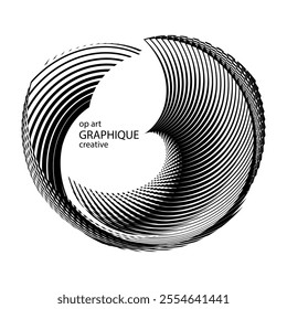 op art creative geometric circle pattern, abstract halftone lines black and white background, vector modern design element