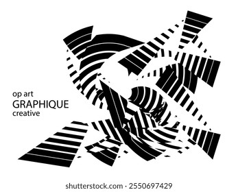 op art creative geometric pattern, abstract halftone lines black and white background, vector modern design element