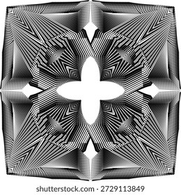 op art creative geometrical pattern, ornament, sophisticated exercise in geometric abstraction, employing interplay of black and white lines to generate complex, symmetrical, and visualy engaging pattern, its power lines in its precision, its optical qualities, and sense order it conveys