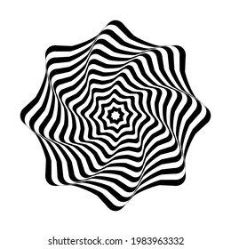 Op art design element. Illusion of twisting rotation movement. Abstract wavy lines circle pattern. Vector illustration.