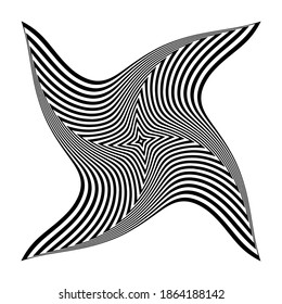 Op art design element. Twisting rotation movement. Abstract black and white striped lines pattern. Vector illustration.