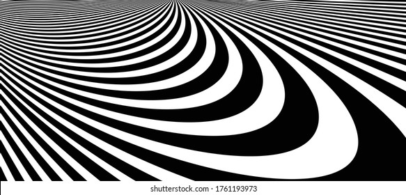 Op art distorted perspective black and white lines in 3D motion abstract vector background, optical illusion insane linear pattern, artistic psychedelic illustration.
