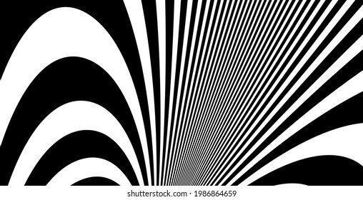 Arte de Op distorsionó la perspectiva líneas negras y blancas en el fondo del vector de movimiento 3D abstracto, ilusión óptica patrón lineal demente, ilustración psicodélica artística.