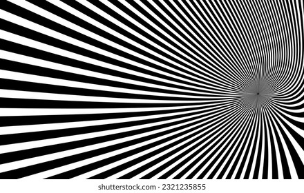 Op art distorted perspective black and white lines in 3D motion abstract vector background, optical illusion insane linear pattern, artistic psychedelic illustration.
