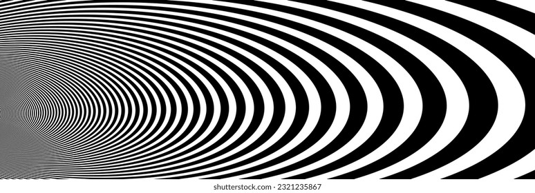 Op art distorted perspective black and white lines in 3D motion abstract vector background, optical illusion insane linear pattern, artistic psychedelic illustration.