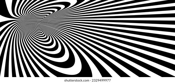 Op art distorted perspective black and white lines in 3D motion abstract vector background, optical illusion insane linear pattern, artistic psychedelic illustration.