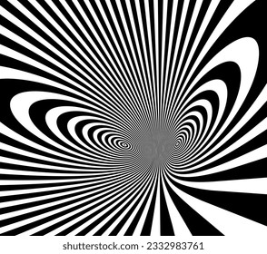 Arte de Op distorsionó la perspectiva líneas negras y blancas en el fondo del vector de movimiento 3D abstracto, ilusión óptica patrón lineal demente, ilustración psicodélica artística.