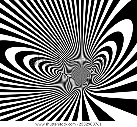 Op art distorted perspective black and white lines in 3D motion abstract vector background, optical illusion insane linear pattern, artistic psychedelic illustration.
