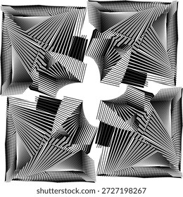 Fondo abstracto moderno del arte del arte del pop, composición de energía de líneas de efecto de onda gráfica de moda, transformación inversiva, estructura organizada compleja, construcción, abstracción lineal única, patrón dinámico geométrico creativo, Vector original decoración en blanco y negro