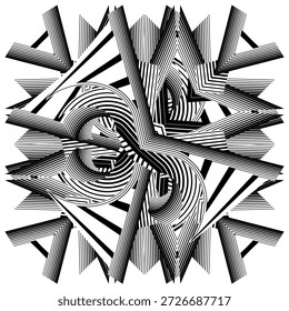 Op Art Modern Composition, abstracción gráfica de moda, construcción inventiva lineal, patrón dinámico geométrico creativo, fondo abstracto de líneas de semitono, decoración original en blanco y negro de Vector