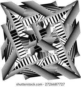 Op Art Modern Composition, abstracción gráfica de moda, construcción inventiva lineal, patrón dinámico geométrico creativo, fondo abstracto de líneas de semitono, decoración original en blanco y negro de Vector