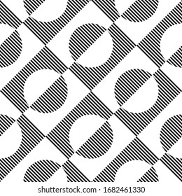 op art monochrome pattern of striped half circles. seamless vector background.