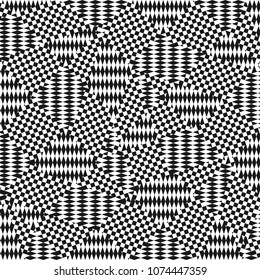 Op art pattern. Vector black and white geometric seamless texture with chaotic stripes, crossing lines, squares, rhombuses. Modern abstract geometry. Monochrome background. Creative repeat design 