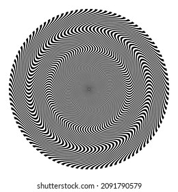 Op art patterned circle of wavy lines. Round psychedelic background design.