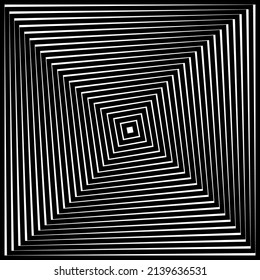 Op Art squares in black an white with visual distortion effect making an optical illusion of pyramids or tunnel. Hypnotic banner, vector isolated on white background 