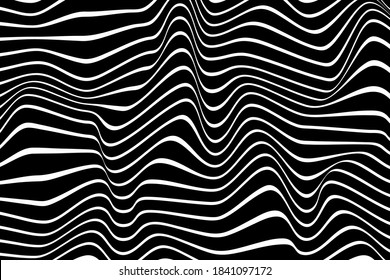 Op art striped banner. Black and white distorted lines background. Monochrome stripes motion effect. Optical illusion of liquid forms, folds. Futuristic chaotic image. Vector wavy messy illustration