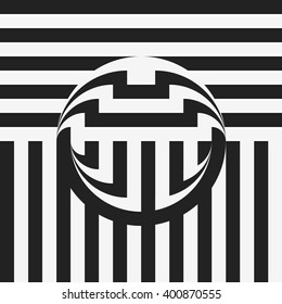Op art striped lines with sphere in middle. Optical illusion background. Abstract backdrop.