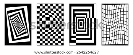 Op art vector bundle featuring warped frames, expanding grids, and optical vortex effects. Ideal for print design, branding, and futuristic digital visuals.
