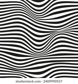 Op art wave seamless pattern. Stripe lines monochrome waves optical illusion distorted pattern.
