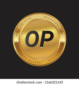 OP Cryptocurrency logo in black color concept on gold coin. Optimism Coin Block chain technology symbol. Vector illustration for banner, background, web, print, article.