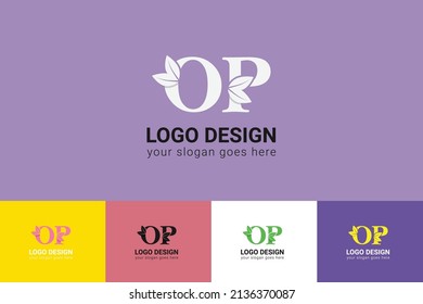 OP letters eco logo with leaf. Vector typeface for nature posters, eco friendly emblem, vegan identity, herbal and botanical cards etc. Ecology OP letters logo with leaf.
