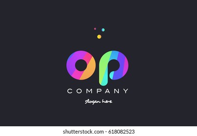 op o p  creative rainbow green orange blue purple magenta pink artistic alphabet company letter logo design vector icon template