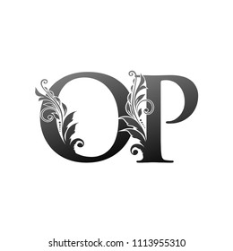 OP O P Letter Logo With Luxury Floral Design. Vintage drawn emblem for book design, brand name, business card, Restaurant, Boutique, Hotel. Vector illustration