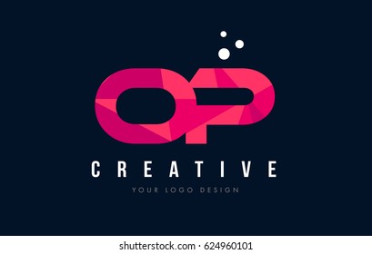 OP O P Purple Letter Logo Design with Low Poly Pink Triangles Concept
