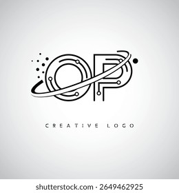 Logotipo de Monograma de Órbita OP - Marca de Letra Mínima Futurista com Linha de Arte Circular, Pontos Inspirados na Tecnologia e Conceito de Movimento Espacial para Identidade de Marca Moderna