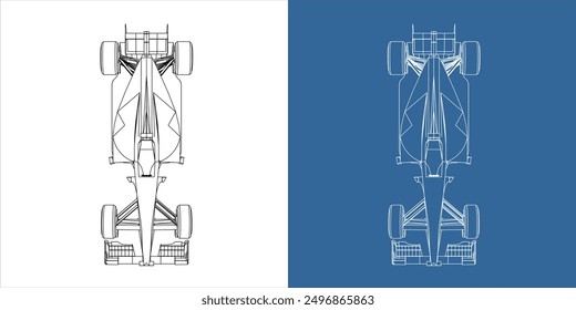 Vista superior del marco de alambre del dibujo del plano del arte de la línea del coche de carreras. aislado en fondo transparente 