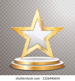 opal star with golden frame on podium, entertainment, show business or cosmetics vector background, layered and editable