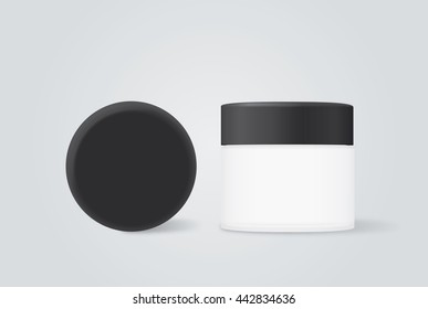 Opaque cream jar with black cap for beauty product mock up design in front view and top view.